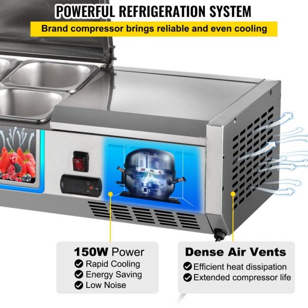 Refrigeration & Ice Equipment | Refrigerated Condiment Prep Station, 55-Inch, 13.8Qt Sandwich/Salad Prep Table with 3 1/3 Pans & 4 1/6 Pans, 150W Salad Bar with 304 Stainless Body and Cover Temp Adjuster One-Click Defrosting Refrigeration & Ice Equipment Refrigeration & Ice Equipment