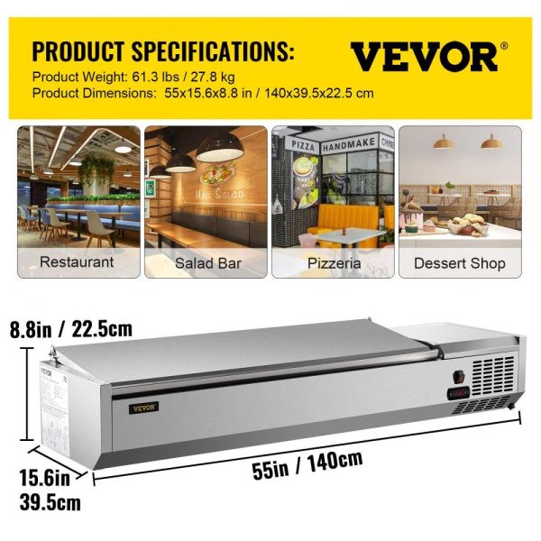 Refrigeration & Ice Equipment | Refrigerated Condiment Prep Station, 55-Inch, 13.8Qt Sandwich/Salad Prep Table with 3 1/3 Pans & 4 1/6 Pans, 150W Salad Bar with 304 Stainless Body and Cover Temp Adjuster One-Click Defrosting Refrigeration & Ice Equipment Refrigeration & Ice Equipment