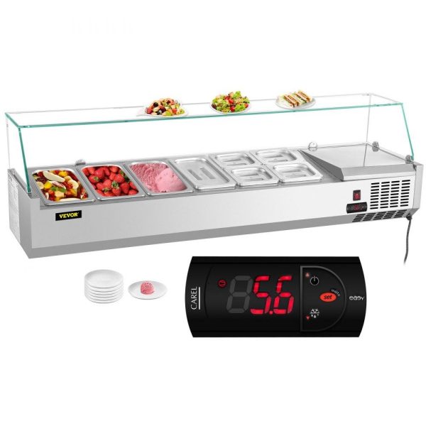 Refrigeration & Ice Equipment | Refrigerated Condiment Prep Station, 60-Inch, 16.8Qt Sandwich Prep Table w/ 4 1/3 Pans & 4 1/6 Pans, 146W Salad Bar w/ 304 Stainless Body Tempered Glass Shield Digital Temp Display Auto Defrost Refrigeration & Ice Equipment Refrigeration & Ice Equipment