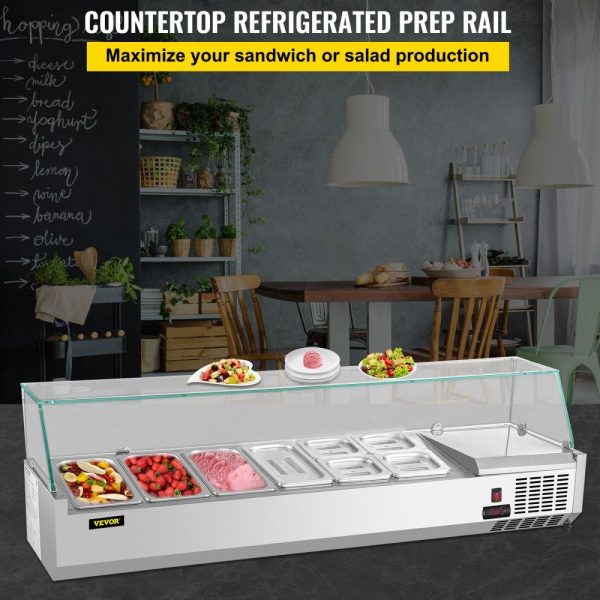 Refrigeration & Ice Equipment | Refrigerated Condiment Prep Station, 60-Inch, 16.8Qt Sandwich Prep Table w/ 4 1/3 Pans & 4 1/6 Pans, 146W Salad Bar w/ 304 Stainless Body Tempered Glass Shield Digital Temp Display Auto Defrost Refrigeration & Ice Equipment Refrigeration & Ice Equipment