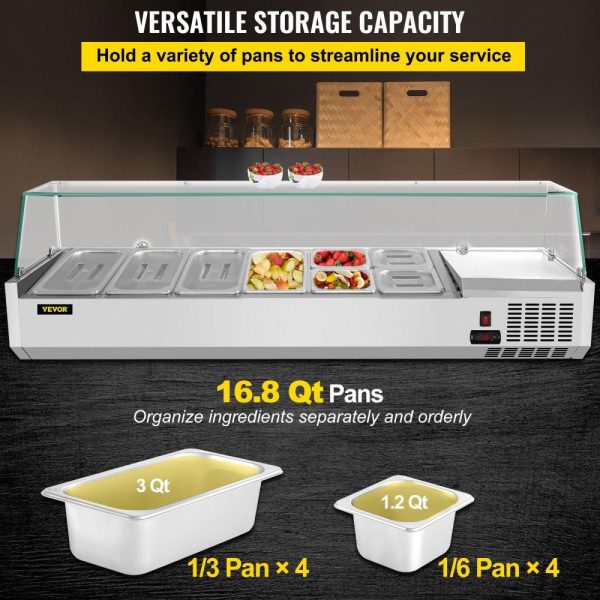 Refrigeration & Ice Equipment | Refrigerated Condiment Prep Station, 60-Inch, 16.8Qt Sandwich Prep Table w/ 4 1/3 Pans & 4 1/6 Pans, 146W Salad Bar w/ 304 Stainless Body Tempered Glass Shield Digital Temp Display Auto Defrost Refrigeration & Ice Equipment Refrigeration & Ice Equipment