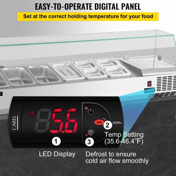 Refrigeration & Ice Equipment | Refrigerated Condiment Prep Station, 60-Inch, 16.8Qt Sandwich Prep Table w/ 4 1/3 Pans & 4 1/6 Pans, 146W Salad Bar w/ 304 Stainless Body Tempered Glass Shield Digital Temp Display Auto Defrost Refrigeration & Ice Equipment Refrigeration & Ice Equipment