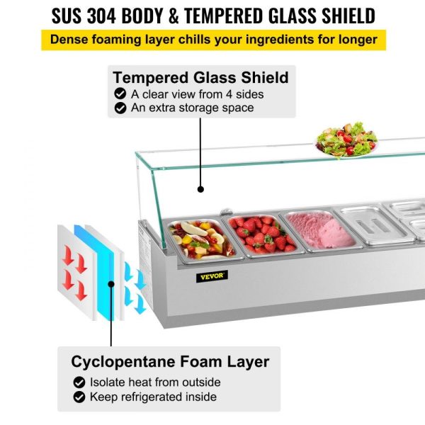 Refrigeration & Ice Equipment | Refrigerated Condiment Prep Station, 60-Inch, 16.8Qt Sandwich Prep Table w/ 4 1/3 Pans & 4 1/6 Pans, 146W Salad Bar w/ 304 Stainless Body Tempered Glass Shield Digital Temp Display Auto Defrost Refrigeration & Ice Equipment Refrigeration & Ice Equipment