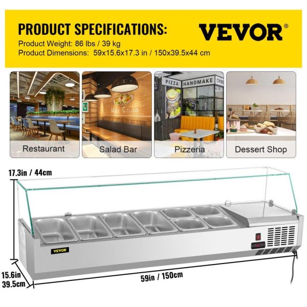 Refrigeration & Ice Equipment | Refrigerated Condiment Prep Station, 60-Inch, 16.8Qt Sandwich Prep Table w/ 4 1/3 Pans & 4 1/6 Pans, 146W Salad Bar w/ 304 Stainless Body Tempered Glass Shield Digital Temp Display Auto Defrost Refrigeration & Ice Equipment Refrigeration & Ice Equipment