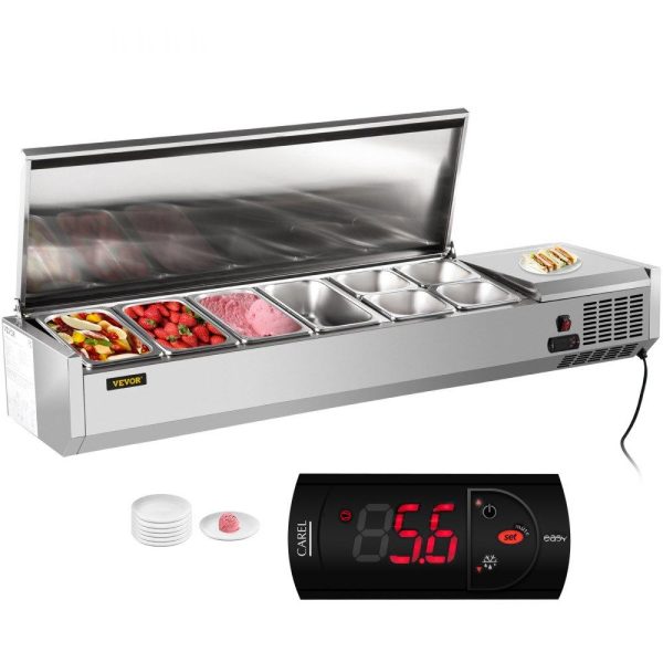 Refrigeration & Ice Equipment | Refrigerated Condiment Prep Station, 60-Inch, 16.8Qt Sandwich/Salad Prep Table with 4 1/3 Pans & 4 1/6 Pans, 150W Salad Bar with 304 Stainless Body and Cover Temp Adjuster One-Click Defrosting Refrigeration & Ice Equipment Refrigeration & Ice Equipment