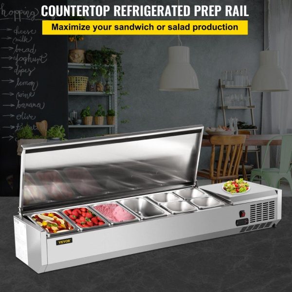 Refrigeration & Ice Equipment | Refrigerated Condiment Prep Station, 60-Inch, 16.8Qt Sandwich/Salad Prep Table with 4 1/3 Pans & 4 1/6 Pans, 150W Salad Bar with 304 Stainless Body and Cover Temp Adjuster One-Click Defrosting Refrigeration & Ice Equipment Refrigeration & Ice Equipment