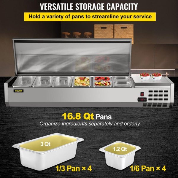 Refrigeration & Ice Equipment | Refrigerated Condiment Prep Station, 60-Inch, 16.8Qt Sandwich/Salad Prep Table with 4 1/3 Pans & 4 1/6 Pans, 150W Salad Bar with 304 Stainless Body and Cover Temp Adjuster One-Click Defrosting Refrigeration & Ice Equipment Refrigeration & Ice Equipment