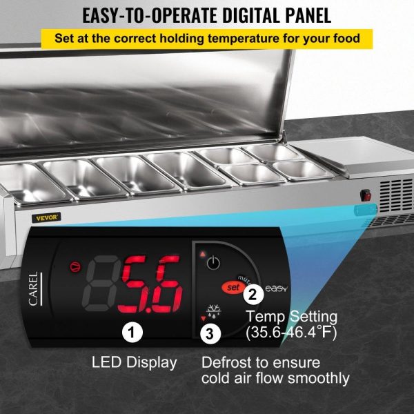 Refrigeration & Ice Equipment | Refrigerated Condiment Prep Station, 60-Inch, 16.8Qt Sandwich/Salad Prep Table with 4 1/3 Pans & 4 1/6 Pans, 150W Salad Bar with 304 Stainless Body and Cover Temp Adjuster One-Click Defrosting Refrigeration & Ice Equipment Refrigeration & Ice Equipment