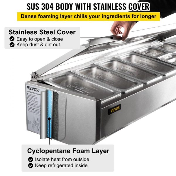 Refrigeration & Ice Equipment | Refrigerated Condiment Prep Station, 60-Inch, 16.8Qt Sandwich/Salad Prep Table with 4 1/3 Pans & 4 1/6 Pans, 150W Salad Bar with 304 Stainless Body and Cover Temp Adjuster One-Click Defrosting Refrigeration & Ice Equipment Refrigeration & Ice Equipment