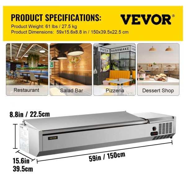 Refrigeration & Ice Equipment | Refrigerated Condiment Prep Station, 60-Inch, 16.8Qt Sandwich/Salad Prep Table with 4 1/3 Pans & 4 1/6 Pans, 150W Salad Bar with 304 Stainless Body and Cover Temp Adjuster One-Click Defrosting Refrigeration & Ice Equipment Refrigeration & Ice Equipment