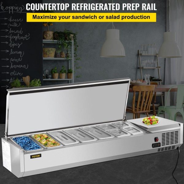 Refrigeration & Ice Equipment | Refrigerated Condiment Prep Station, 71-Inch, 19.8Qt Sandwich / Salad Prep Table with 5 1/3 Pans & 4 1/6 Pans, 150W Salad Bar with 304 Stainless Body and Cover Temp Adjuster One-Click Defrosting Refrigeration & Ice Equipment Refrigeration & Ice Equipment