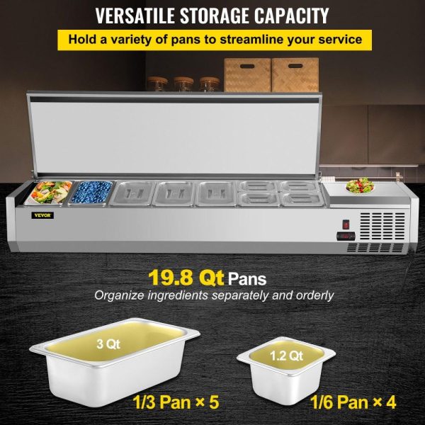 Refrigeration & Ice Equipment | Refrigerated Condiment Prep Station, 71-Inch, 19.8Qt Sandwich / Salad Prep Table with 5 1/3 Pans & 4 1/6 Pans, 150W Salad Bar with 304 Stainless Body and Cover Temp Adjuster One-Click Defrosting Refrigeration & Ice Equipment Refrigeration & Ice Equipment