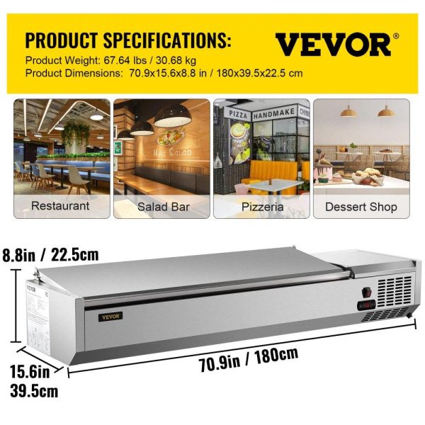 Refrigeration & Ice Equipment | Refrigerated Condiment Prep Station, 71-Inch, 19.8Qt Sandwich / Salad Prep Table with 5 1/3 Pans & 4 1/6 Pans, 150W Salad Bar with 304 Stainless Body and Cover Temp Adjuster One-Click Defrosting Refrigeration & Ice Equipment Refrigeration & Ice Equipment