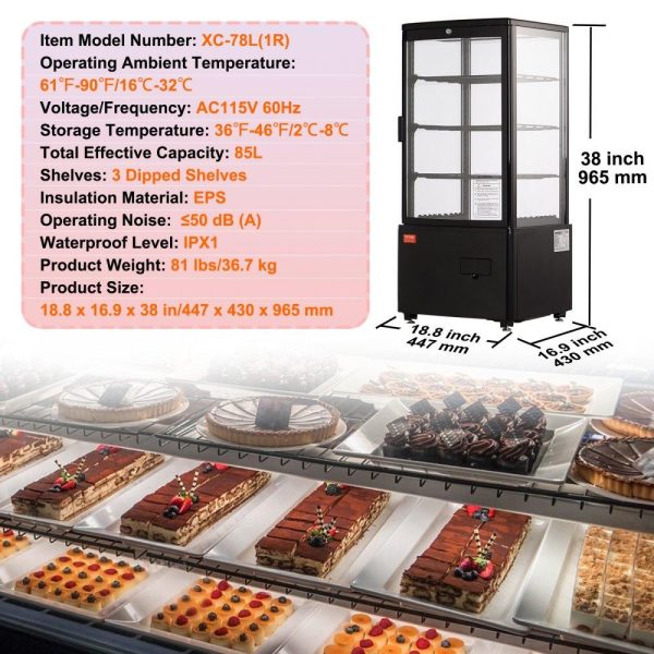 Refrigeration & Ice Equipment | Refrigerated Display Case, 3 Cu.Ft./85L Countertop Pastry Display Case, 3-Tier Commercial Display Refrigerator with LED Lighting, TURBO Cooling, Frost-Free Air-Cooling, Locked Door for Bakery Refrigeration & Ice Equipment Refrigeration & Ice Equipment