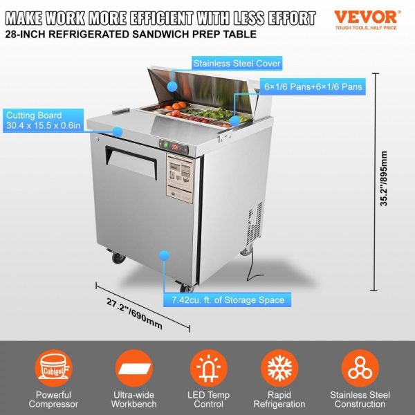 Refrigeration & Ice Equipment | Sandwich Prep Table, 7.42 Cu. Ft. Salad Single-door Refrigerated Prep Table, 28-inch Food Prep Fridge, Commercial Stainless Steel Prep Refrigerator Table for Restaurant, Bar, Shop, Silver Refrigeration & Ice Equipment Refrigeration & Ice Equipment