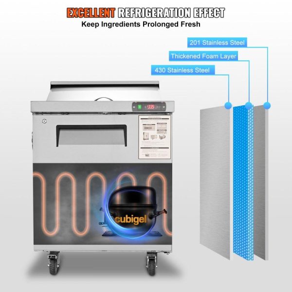 Refrigeration & Ice Equipment | Sandwich Prep Table, 7.42 Cu. Ft. Salad Single-door Refrigerated Prep Table, 28-inch Food Prep Fridge, Commercial Stainless Steel Prep Refrigerator Table for Restaurant, Bar, Shop, Silver Refrigeration & Ice Equipment Refrigeration & Ice Equipment