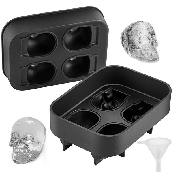 Refrigeration & Ice Equipment | Skull Ice Cube Tray, 4-Grid Skull Ice Ball Maker, Flexible Black Silicone Ice Tray with Lid & Funnel, Funny Skull Ice Cubes 1.6″x1.8″ Each for Beverage, Chocolate, etc. on Parties & Holidays Refrigeration & Ice Equipment Refrigeration & Ice Equipment