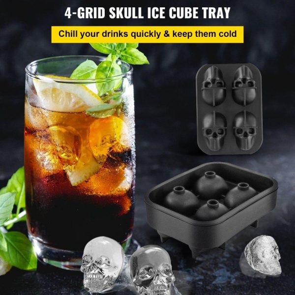 Refrigeration & Ice Equipment | Skull Ice Cube Tray, 4-Grid Skull Ice Ball Maker, Flexible Black Silicone Ice Tray with Lid & Funnel, Funny Skull Ice Cubes 1.6″x1.8″ Each for Beverage, Chocolate, etc. on Parties & Holidays Refrigeration & Ice Equipment Refrigeration & Ice Equipment