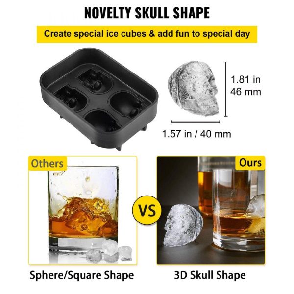 Refrigeration & Ice Equipment | Skull Ice Cube Tray, 4-Grid Skull Ice Ball Maker, Flexible Black Silicone Ice Tray with Lid & Funnel, Funny Skull Ice Cubes 1.6″x1.8″ Each for Beverage, Chocolate, etc. on Parties & Holidays Refrigeration & Ice Equipment Refrigeration & Ice Equipment