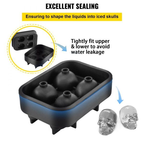 Refrigeration & Ice Equipment | Skull Ice Cube Tray, 4-Grid Skull Ice Ball Maker, Flexible Black Silicone Ice Tray with Lid & Funnel, Funny Skull Ice Cubes 1.6″x1.8″ Each for Beverage, Chocolate, etc. on Parties & Holidays Refrigeration & Ice Equipment Refrigeration & Ice Equipment