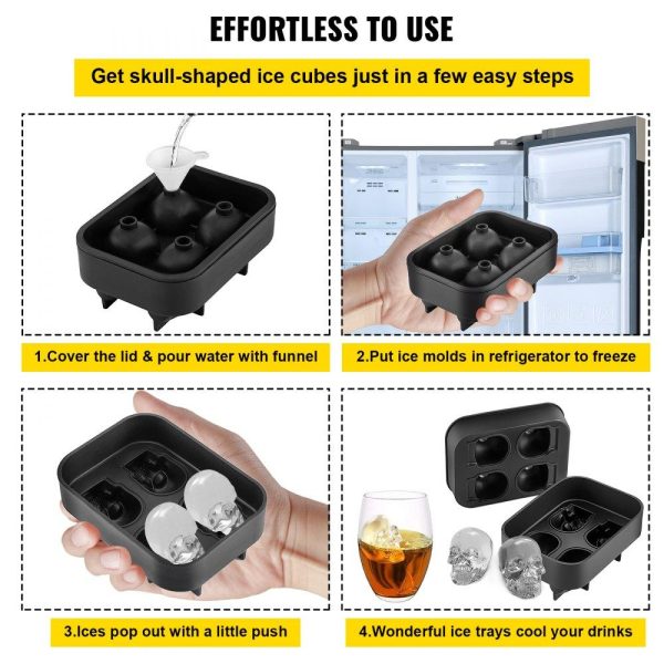 Refrigeration & Ice Equipment | Skull Ice Cube Tray, 4-Grid Skull Ice Ball Maker, Flexible Black Silicone Ice Tray with Lid & Funnel, Funny Skull Ice Cubes 1.6″x1.8″ Each for Beverage, Chocolate, etc. on Parties & Holidays Refrigeration & Ice Equipment Refrigeration & Ice Equipment