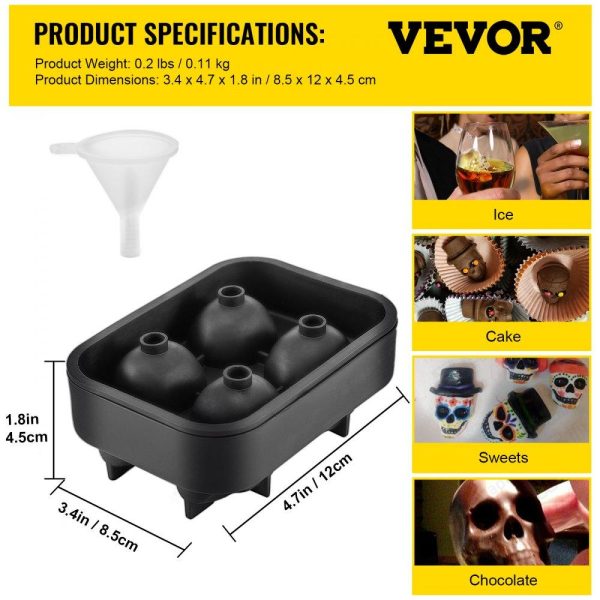 Refrigeration & Ice Equipment | Skull Ice Cube Tray, 4-Grid Skull Ice Ball Maker, Flexible Black Silicone Ice Tray with Lid & Funnel, Funny Skull Ice Cubes 1.6″x1.8″ Each for Beverage, Chocolate, etc. on Parties & Holidays Refrigeration & Ice Equipment Refrigeration & Ice Equipment