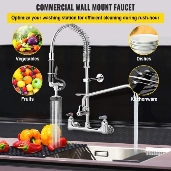 Restaurant Faucets & Plumbing & Sinks | Commercial Faucet Pre-Rinse with Sprayer, 8″ Adjustable Center Wall Mount Kitchen Faucet with 12″ Swivel Spout, 36″ Height Compartment Sink Faucet for Industrial Restaurant, Lead-Free Brass Restaurant & Food Service Restaurant Faucets & Plumbing & Sinks