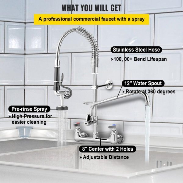 Restaurant Faucets & Plumbing & Sinks | Commercial Faucet Pre-Rinse with Sprayer, 8″ Adjustable Center Wall Mount Kitchen Faucet with 12″ Swivel Spout, 36″ Height Compartment Sink Faucet for Industrial Restaurant, Lead-Free Brass Restaurant & Food Service Restaurant Faucets & Plumbing & Sinks