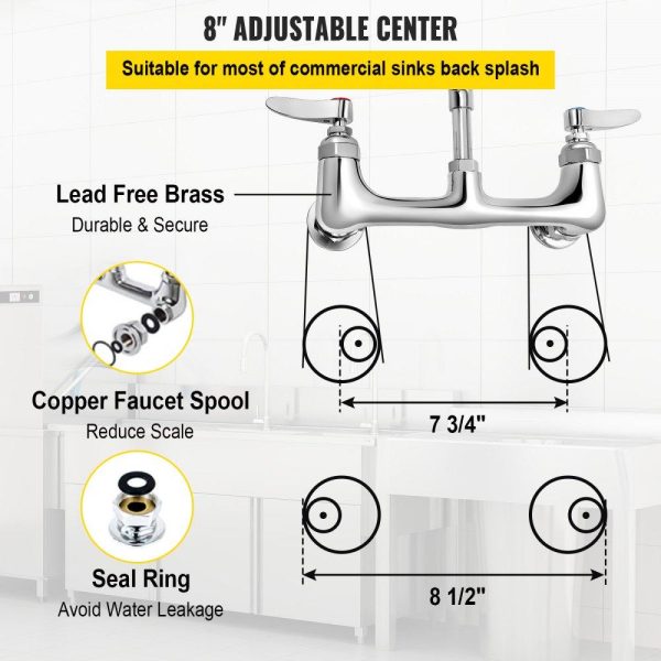 Restaurant Faucets & Plumbing & Sinks | Commercial Faucet Pre-Rinse with Sprayer, 8″ Adjustable Center Wall Mount Kitchen Faucet with 12″ Swivel Spout, 36″ Height Compartment Sink Faucet for Industrial Restaurant, Lead-Free Brass Restaurant & Food Service Restaurant Faucets & Plumbing & Sinks