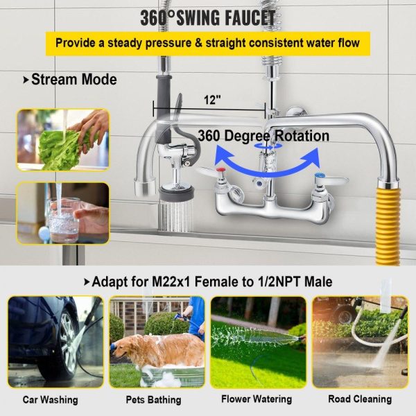 Restaurant Faucets & Plumbing & Sinks | Commercial Faucet Pre-Rinse with Sprayer, 8″ Adjustable Center Wall Mount Kitchen Faucet with 12″ Swivel Spout, 36″ Height Compartment Sink Faucet for Industrial Restaurant, Lead-Free Brass Restaurant & Food Service Restaurant Faucets & Plumbing & Sinks