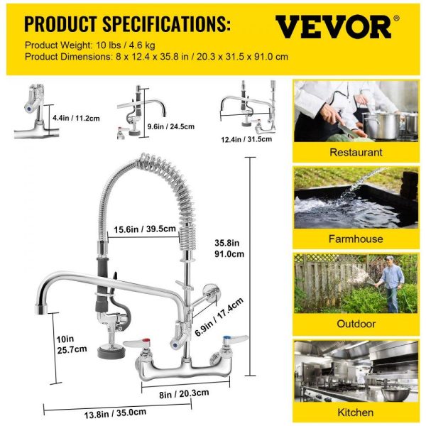 Restaurant Faucets & Plumbing & Sinks | Commercial Faucet Pre-Rinse with Sprayer, 8″ Adjustable Center Wall Mount Kitchen Faucet with 12″ Swivel Spout, 36″ Height Compartment Sink Faucet for Industrial Restaurant, Lead-Free Brass Restaurant & Food Service Restaurant Faucets & Plumbing & Sinks