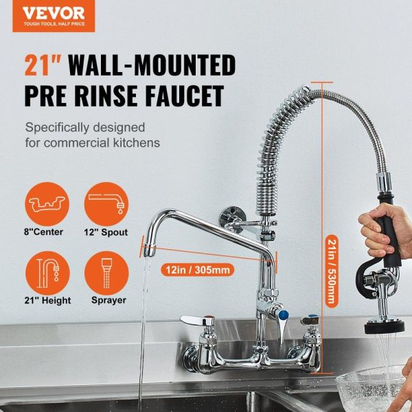 Restaurant Faucets & Plumbing & Sinks | Commercial Faucet with Pre-Rinse Sprayer, 21″ Height, 8″ Center, 12″ Swing Spout, Wall Mount Kitchen Sink Faucet, Brass Constructed Device with Pull Down Spray, for 1/2/3 Compartment Sink Restaurant & Food Service Restaurant Faucets & Plumbing & Sinks