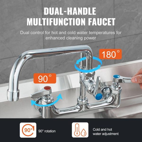 Restaurant Faucets & Plumbing & Sinks | Commercial Faucet with Pre-Rinse Sprayer, 21″ Height, 8″ Center, 12″ Swing Spout, Wall Mount Kitchen Sink Faucet, Brass Constructed Device with Pull Down Spray, for 1/2/3 Compartment Sink Restaurant & Food Service Restaurant Faucets & Plumbing & Sinks