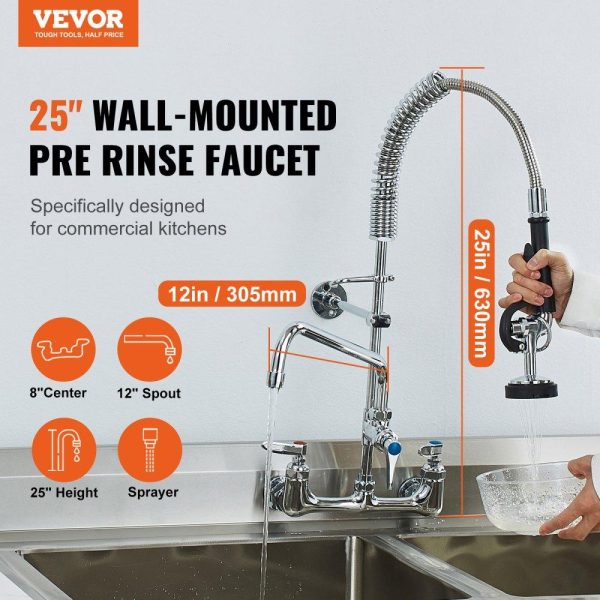 Restaurant Faucets & Plumbing & Sinks | Commercial Faucet with Pre-Rinse Sprayer, 25″ Height, 8″ Center, 12″ Swing Spout, Wall Mount Kitchen Sink Faucet, Brass Constructed Device with Pull Down Spray, for 1/2/3 Compartment Sink Restaurant & Food Service Restaurant Faucets & Plumbing & Sinks