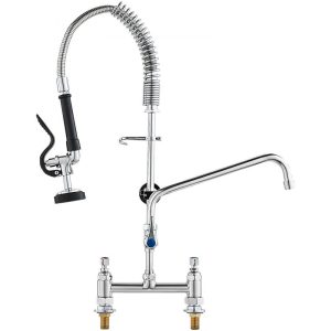 Restaurant Faucets & Plumbing & Sinks | Commercial Faucet with Pre-Rinse Sprayer, 26″ Height, 8″ Center, 12″ Swing Spout, Deck Mount Kitchen Sink Faucet, Brass Constructed Device with Pull Down Spray, for 1/2/3 Compartment Sink Restaurant & Food Service Restaurant Faucets & Plumbing & Sinks