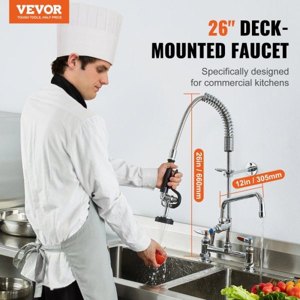 Restaurant Faucets & Plumbing & Sinks | Commercial Faucet with Pre-Rinse Sprayer, 26″ Height, 8″ Center, 12″ Swing Spout, Deck Mount Kitchen Sink Faucet, Brass Constructed Device with Pull Down Spray, for 1/2/3 Compartment Sink Restaurant & Food Service Restaurant Faucets & Plumbing & Sinks