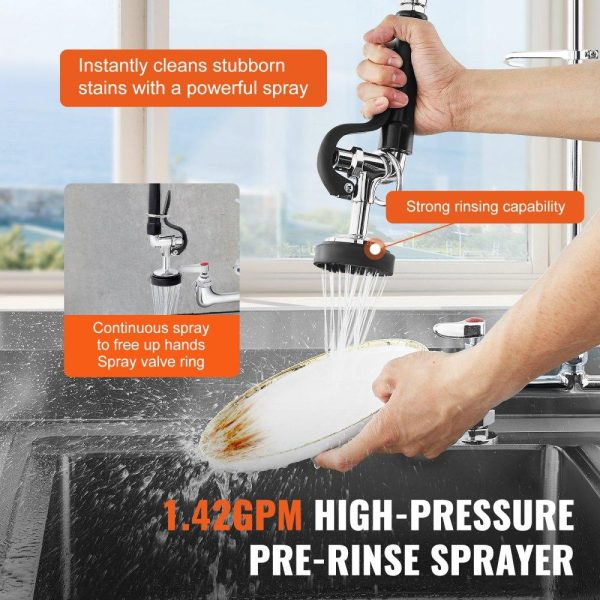 Restaurant Faucets & Plumbing & Sinks | Commercial Faucet with Pre-Rinse Sprayer, 26″ Height, 8″ Center, 12″ Swing Spout, Deck Mount Kitchen Sink Faucet, Brass Constructed Device with Pull Down Spray, for 1/2/3 Compartment Sink Restaurant & Food Service Restaurant Faucets & Plumbing & Sinks