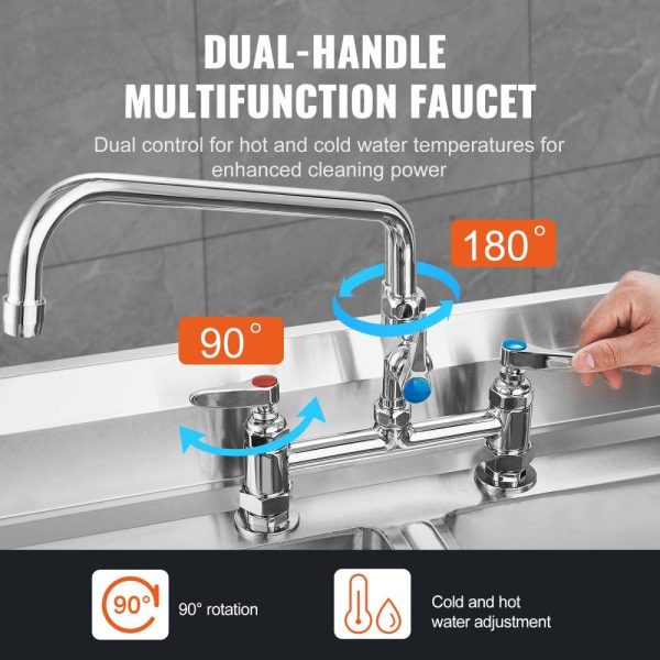 Restaurant Faucets & Plumbing & Sinks | Commercial Faucet with Pre-Rinse Sprayer, 26″ Height, 8″ Center, 12″ Swing Spout, Deck Mount Kitchen Sink Faucet, Brass Constructed Device with Pull Down Spray, for 1/2/3 Compartment Sink Restaurant & Food Service Restaurant Faucets & Plumbing & Sinks