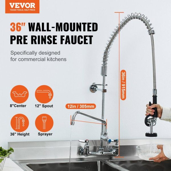 Restaurant Faucets & Plumbing & Sinks | Commercial Faucet with Pre-Rinse Sprayer, 36″ Height, 8″ Center, 12″ Swing Spout, Wall Mount Kitchen Sink Faucet, Brass Constructed Device with Pull Down Spray, for 1/2/3 Compartment Sink Restaurant & Food Service Restaurant Faucets & Plumbing & Sinks