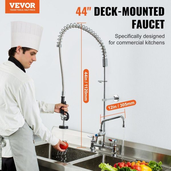 Restaurant Faucets & Plumbing & Sinks | Commercial Faucet with Pre-Rinse Sprayer, 44″ Height, 8″ Center, 12″ Swing Spout, Deck Mount Kitchen Sink Faucet, Brass Constructed Device with Pull Down Spray, for 1/2/3 Compartment Sink Restaurant & Food Service Restaurant Faucets & Plumbing & Sinks