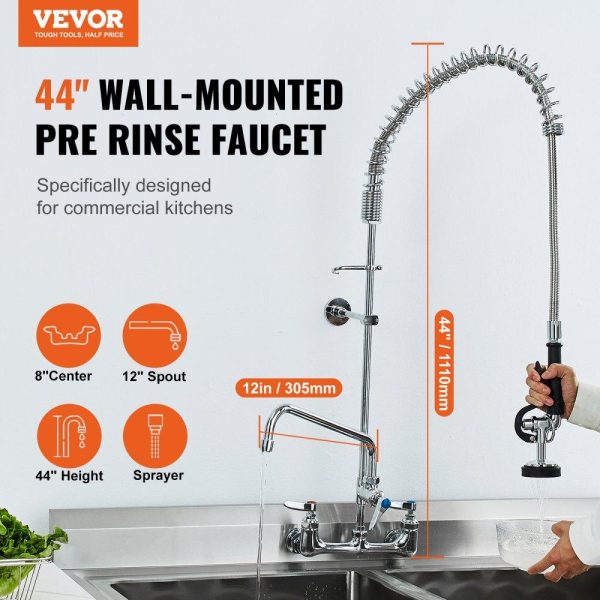 Restaurant Faucets & Plumbing & Sinks | Commercial Faucet with Pre-Rinse Sprayer, 44″ Height, 8″ Center, 12″ Swing Spout, Wall Mount Kitchen Sink Faucet, Brass Constructed Device with Pull Down Spray, for 1/2/3 Compartment Sink Restaurant & Food Service Restaurant Faucets & Plumbing & Sinks