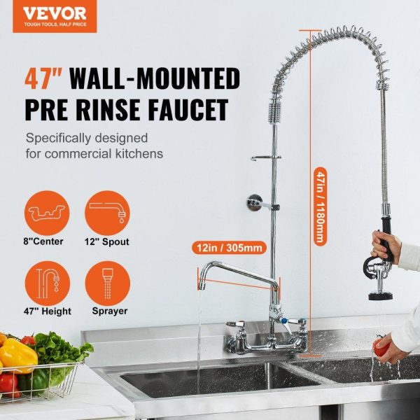 Restaurant Faucets & Plumbing & Sinks | Commercial Faucet with Pre-Rinse Sprayer, 47″ Height, 8″ Center, 12″ Swing Spout, Wall Mount Kitchen Sink Faucet, Brass Constructed Device with Pull Down Spray, for 1/2/3 Compartment Sink Restaurant & Food Service Restaurant Faucets & Plumbing & Sinks