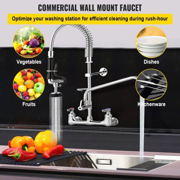 Restaurant Faucets & Plumbing & Sinks | Commercial Faucet with Pre-Rinse Sprayer, 8″ Adjustable Center Wall Mount Kitchen Faucet with 12″ Swivel Spout, 21″ Height Compartment Sink Faucet for Industrial Restaurant, Lead-Free Brass Restaurant & Food Service Restaurant Faucets & Plumbing & Sinks