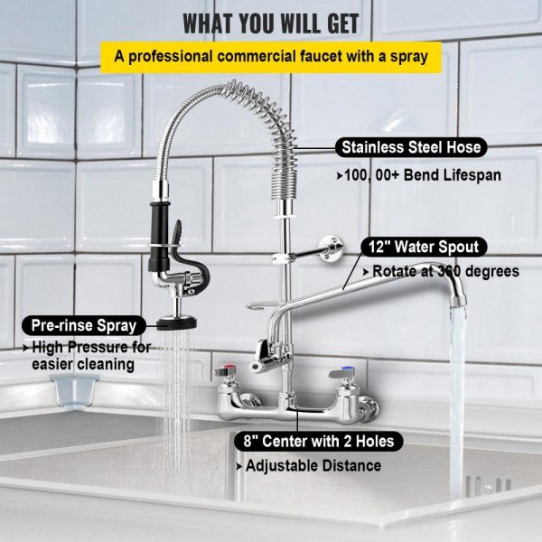 Restaurant Faucets & Plumbing & Sinks | Commercial Faucet with Pre-Rinse Sprayer, 8″ Adjustable Center Wall Mount Kitchen Faucet with 12″ Swivel Spout, 21″ Height Compartment Sink Faucet for Industrial Restaurant, Lead-Free Brass Restaurant & Food Service Restaurant Faucets & Plumbing & Sinks