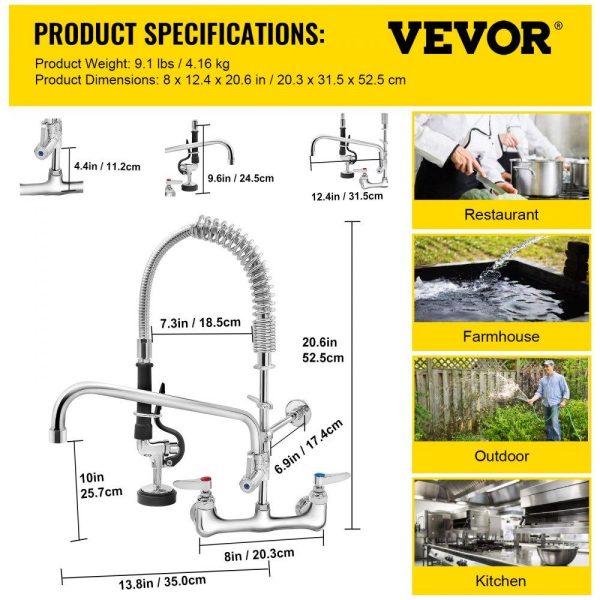 Restaurant Faucets & Plumbing & Sinks | Commercial Faucet with Pre-Rinse Sprayer, 8″ Adjustable Center Wall Mount Kitchen Faucet with 12″ Swivel Spout, 21″ Height Compartment Sink Faucet for Industrial Restaurant, Lead-Free Brass Restaurant & Food Service Restaurant Faucets & Plumbing & Sinks