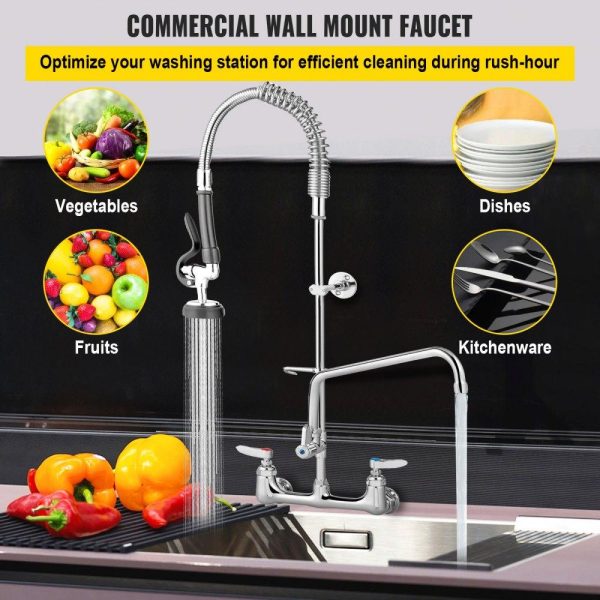 Restaurant Faucets & Plumbing & Sinks | Commercial Faucet with Pre-Rinse Sprayer, 8″ Adjustable Center Wall Mount Kitchen Faucet with 12″ Swivel Spout, 43″ Height Compartment Sink Faucet for Industrial Restaurant, Lead-Free Brass Restaurant & Food Service Restaurant Faucets & Plumbing & Sinks