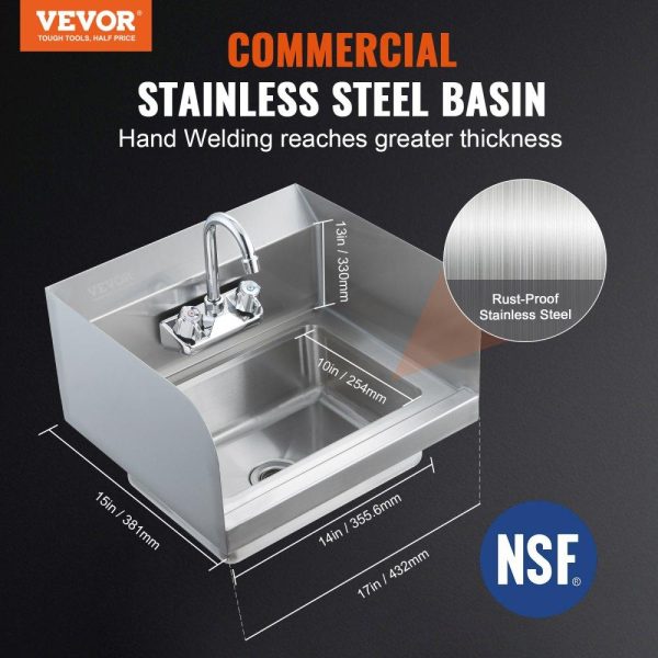 Restaurant Faucets & Plumbing & Sinks | Commercial Hand Sink with Faucet and Side Splash, NSF Stainless Steel Sink for Washing, Small Hand Washing Sink, Wall Mount Hand Basin for Restaurant, Kitchen, Bar, Garage and Home, 17×12.8 inch Restaurant & Food Service Restaurant Faucets & Plumbing & Sinks