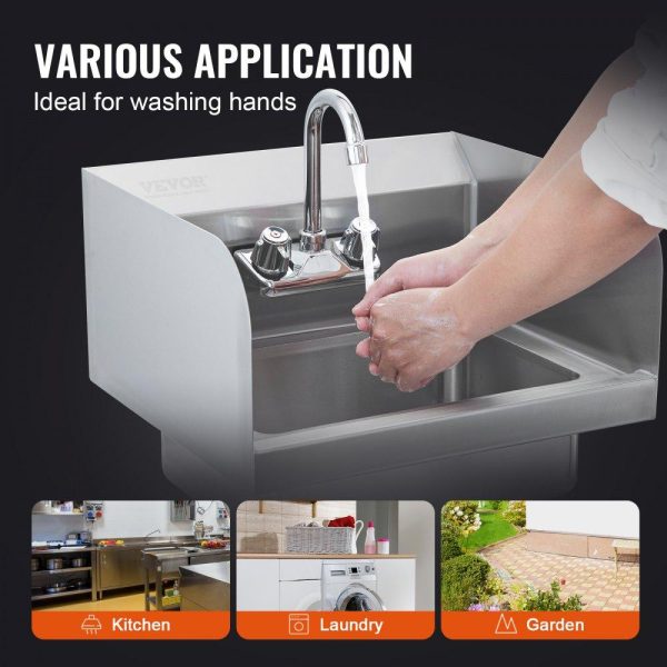 Restaurant Faucets & Plumbing & Sinks | Commercial Hand Sink with Faucet and Side Splash, NSF Stainless Steel Sink for Washing, Small Hand Washing Sink, Wall Mount Hand Basin for Restaurant, Kitchen, Bar, Garage and Home, 17×12.8 inch Restaurant & Food Service Restaurant Faucets & Plumbing & Sinks