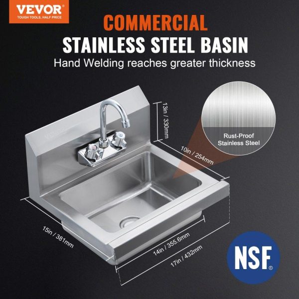 Restaurant Faucets & Plumbing & Sinks | Commercial Hand Sink with Faucet, NSF Stainless Steel Sink for Washing, Small Hand Washing Sink, Wall Mount Hand Basin, Utility Sink for Restaurant, Kitchen, Bar, Garage and Home, 17 x 12.8 inch Restaurant & Food Service Restaurant Faucets & Plumbing & Sinks