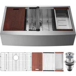 Restaurant Faucets & Plumbing & Sinks | Farmhouse Kitchen Sink, 304 Stainless Steel Drop-In Sinks, Single Bowl Basin with Ledge & Accessories, Household Dishwasher Sinks for Workstation, Prep Kitchen, and Bar Sink, 33 inch Restaurant & Food Service Restaurant Faucets & Plumbing & Sinks